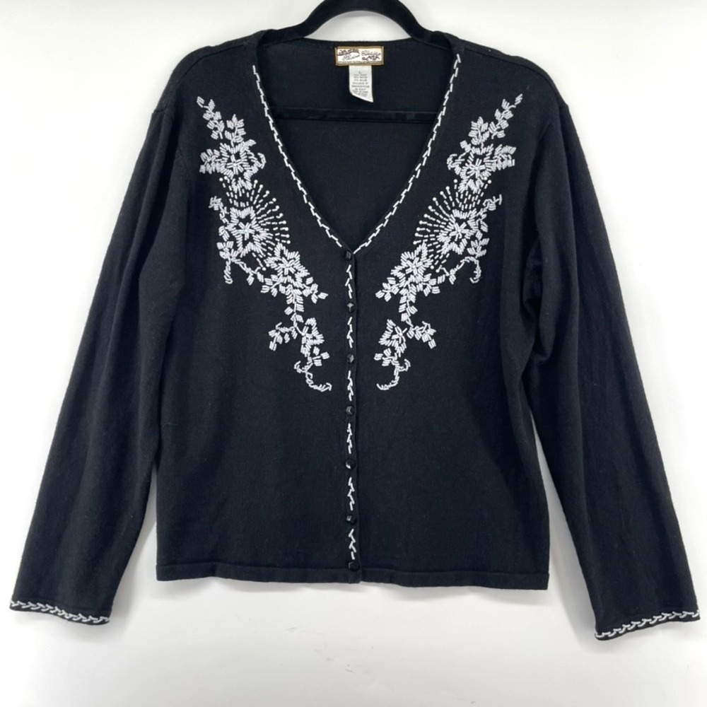 Vtg‎ Heirloom Collectibles Cardigan Sweater Women L Black White Beaded Elegant